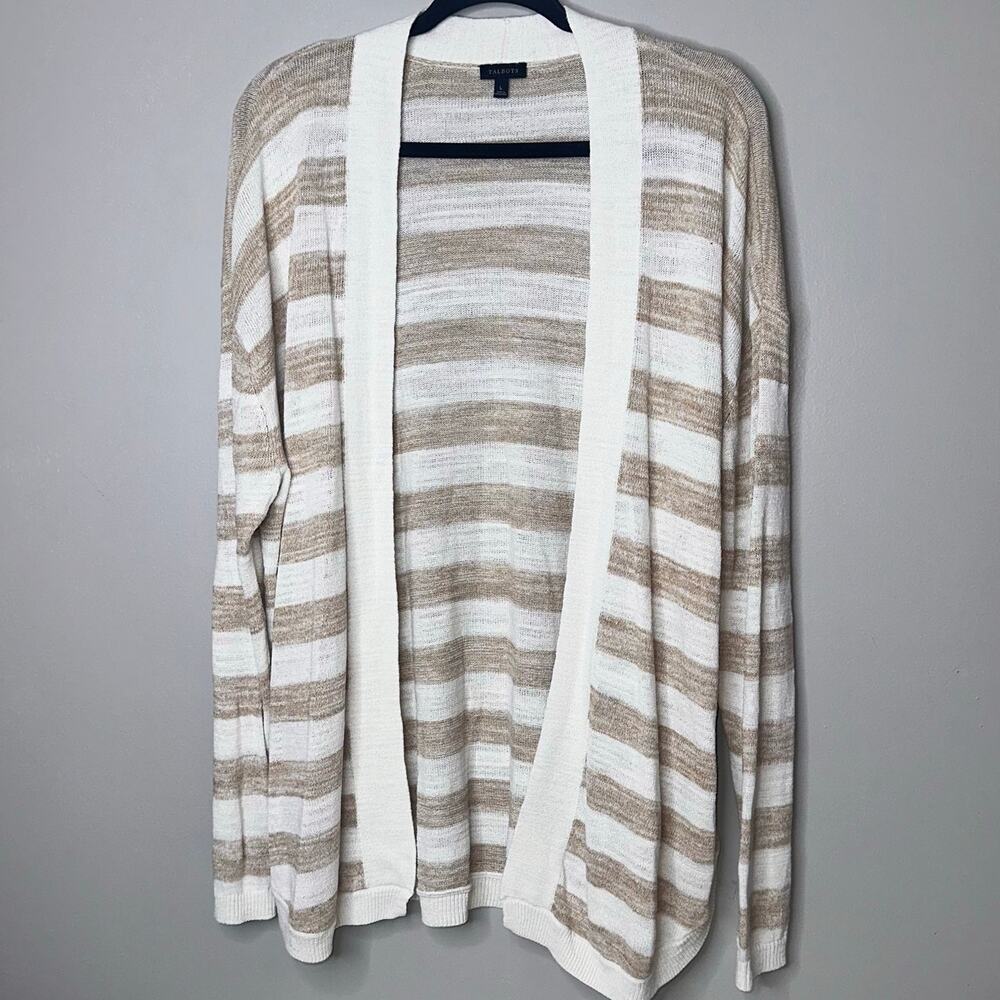 Talbots Womens Size Large Brown Cream Stripe Cardigan Sweater